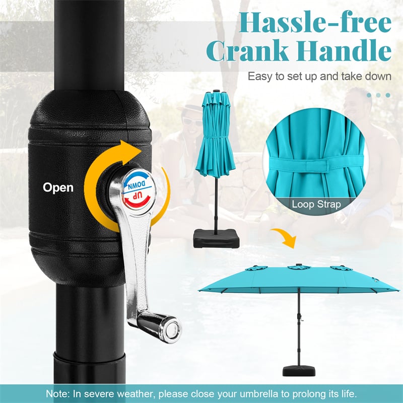 15 FT Double-Sided Patio Umbrella with 48 Solar Lights, Extra-Large Outdoor Twin Market Umbrella with Base