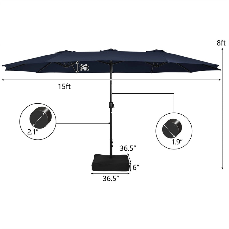 15FT Double-Sided Twin Patio Umbrella with Base & Crank System, Extra-Large Cantilever Market Umbrella
