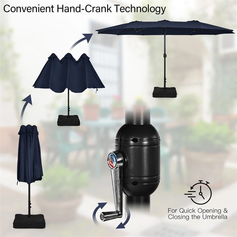 15FT Double-Sided Twin Patio Umbrella with Base & Crank System, Extra-Large Cantilever Market Umbrella