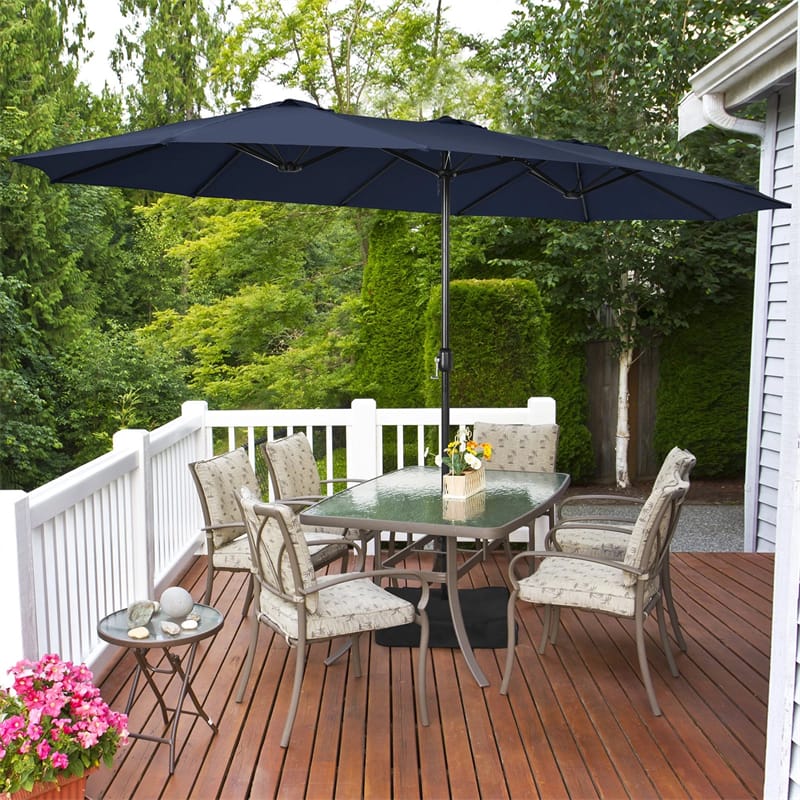 15FT Double-Sided Twin Patio Umbrella with Base & Crank System, Extra-Large Cantilever Market Umbrella