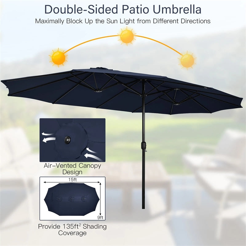 15FT Double-Sided Twin Patio Umbrella with Base & Crank System, Extra-Large Cantilever Market Umbrella
