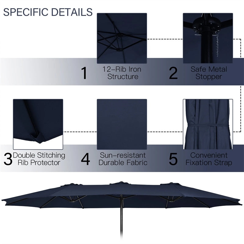 15FT Double-Sided Twin Patio Umbrella with Base & Crank System, Extra-Large Cantilever Market Umbrella