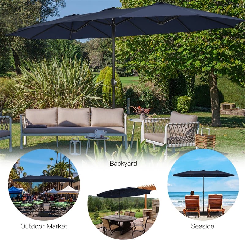 15FT Double-Sided Twin Patio Umbrella with Base & Crank System, Extra-Large Cantilever Market Umbrella