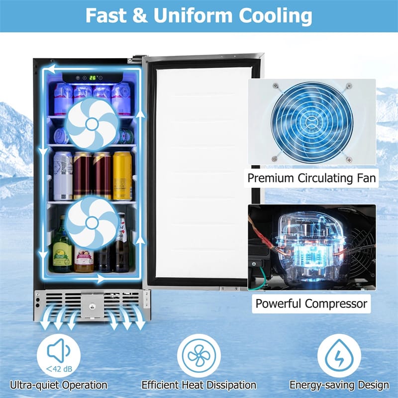 15 Inch Beverage Refrigerator, Built-in/Freestanding Undercounter Drink Fridge Cooler with Stainless Steel Door & Removable Shelves for Soda Beer Wine