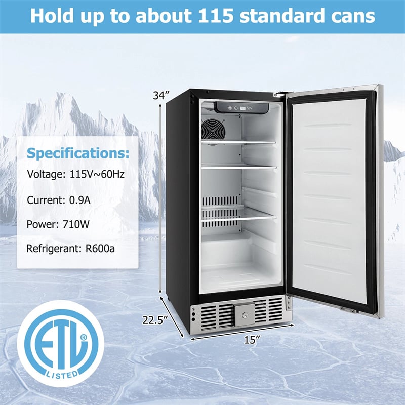 15 Inch Beverage Refrigerator, Built-in/Freestanding Undercounter Drink Fridge Cooler with Stainless Steel Door & Removable Shelves for Soda Beer Wine