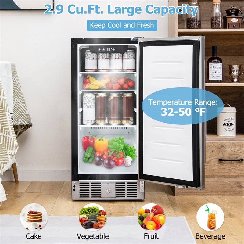 15 Inch Beverage Refrigerator, Built-in/Freestanding Undercounter Drink Fridge Cooler with Stainless Steel Door & Removable Shelves for Soda Beer Wine
