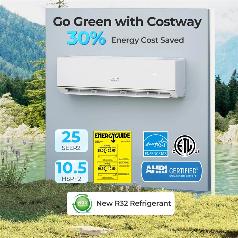 Energy Star Certified 18000 BTU 25 SEER2 Mini Split Air Conditioner with Heat Pump, 208-230V WiFi Enabled Ductless Inverter AC Unit Works with Alexa