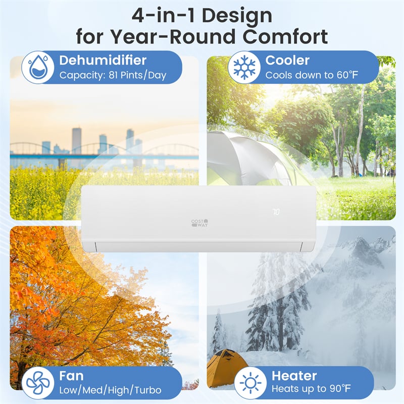 Energy Star Certified 18000 BTU 25 SEER2 Mini Split Air Conditioner with Heat Pump, 208-230V WiFi Enabled Ductless Inverter AC Unit Works with Alexa