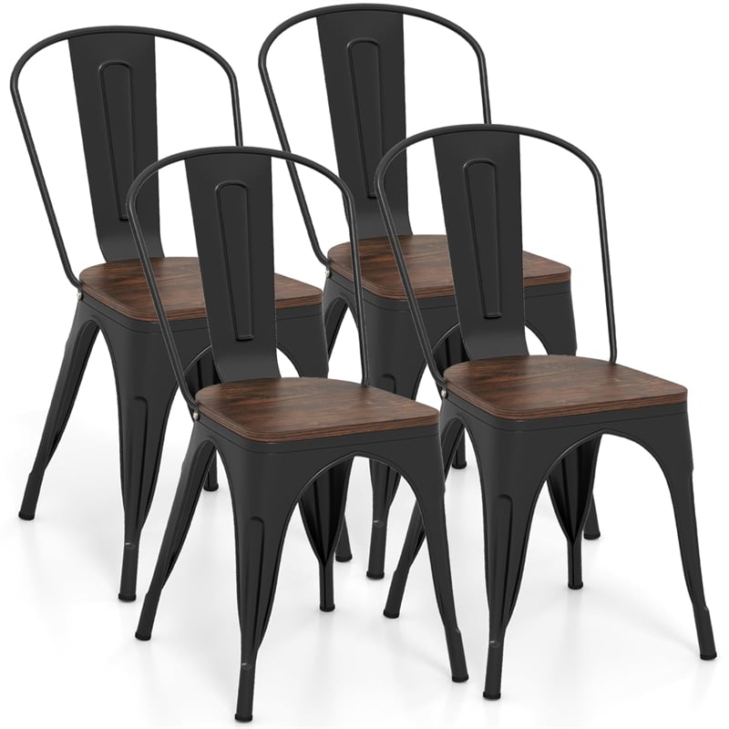 Set of 4 Industrial Vintage Stackable Metal Chairs, 18" Counter Bar Dining Chairs with High Backrest & Wood Seat for Home Kitchen Cafe Bar