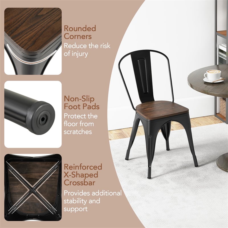 Set of 4 Industrial Vintage Stackable Metal Chairs, 18" Counter Bar Dining Chairs with High Backrest & Wood Seat for Home Kitchen Cafe Bar