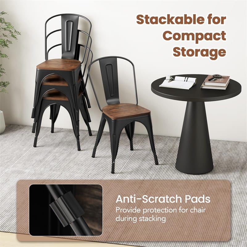 Set of 4 Industrial Vintage Stackable Metal Chairs, 18" Counter Bar Dining Chairs with High Backrest & Wood Seat for Home Kitchen Cafe Bar