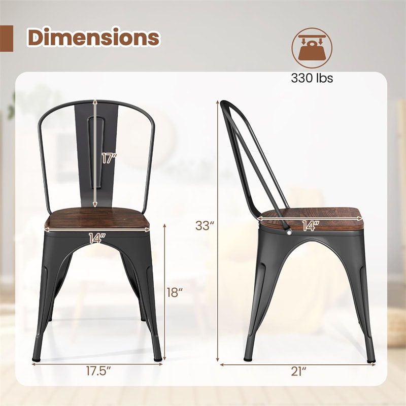 Set of 4 Industrial Vintage Stackable Metal Chairs, 18" Counter Bar Dining Chairs with High Backrest & Wood Seat for Home Kitchen Cafe Bar