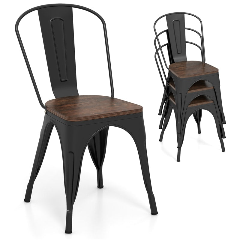 Set of 4 Industrial Vintage Stackable Metal Chairs, 18" Counter Bar Dining Chairs with High Backrest & Wood Seat for Home Kitchen Cafe Bar
