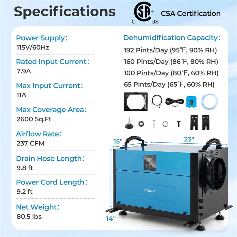 192 PPD Commercial Dehumidifier, 2600 Sq.Ft Crawl Space Dehumidifier with Drain Hose, Auto Defrost, 3 Modes & 24H Timer for Basement, Warehouse