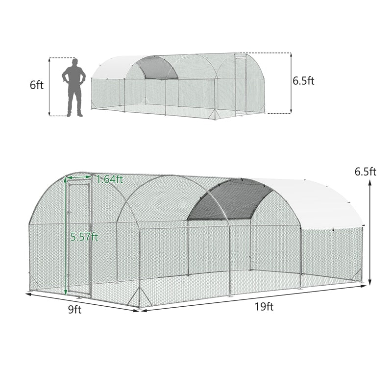 19 FT Large Metal Chicken Coop, Walk-in Dome Poultry Cage Hen Run House Rabbits Habitat Cage with Waterproof PE Cover for Backyard Farm