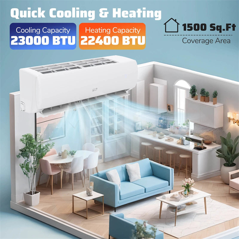 23000 BTU Mini Split Air Conditioner, 208/230V 17 SEER2 Wifi Enabled Inverter Split AC & Heater Pump System Cools Up to 1500 Sq.Ft, Work with Alexa