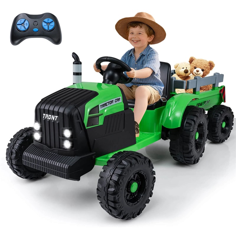 24V Ride On Tractor with Detachable Trailer & Remote Control, Kids Electric Vehicle with 3 Speeds, 15° Climbing & Music for Ages 3+