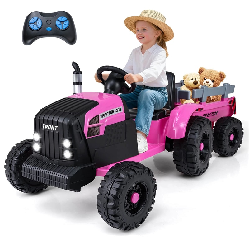 24V Ride On Tractor with Detachable Trailer & Remote Control, Kids Electric Vehicle with 3 Speeds, 15° Climbing & Music for Ages 3+