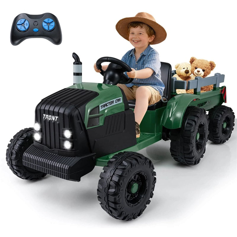 24V Ride On Tractor with Detachable Trailer & Remote Control, Kids Electric Vehicle with 3 Speeds, 15° Climbing & Music for Ages 3+