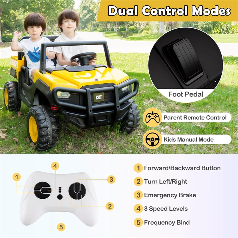 24V Licensed Caterpillar Ride on Dump Truck, 2-Seater Kids UTV Car Electric Vehicle with Remote Control, Dump Bed, 4x100W Motors & Soft Start