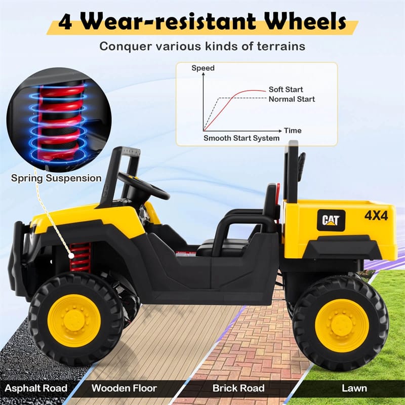 24V Licensed Caterpillar Ride on Dump Truck, 2-Seater Kids UTV Car Electric Vehicle with Remote Control, Dump Bed, 4x100W Motors & Soft Start
