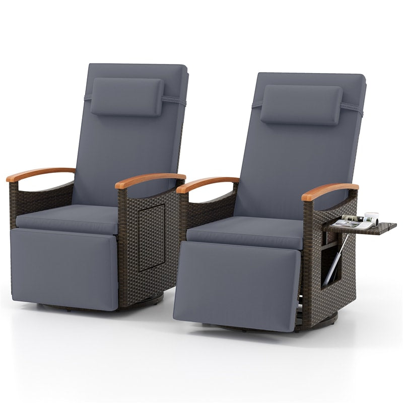 Outdoor Rattan 360° Swivel Recliner Chair, Patio Wicker Chaise Lounge Chair with Adjustable Backrest & Footrest, Flip Side Table & Cushions
