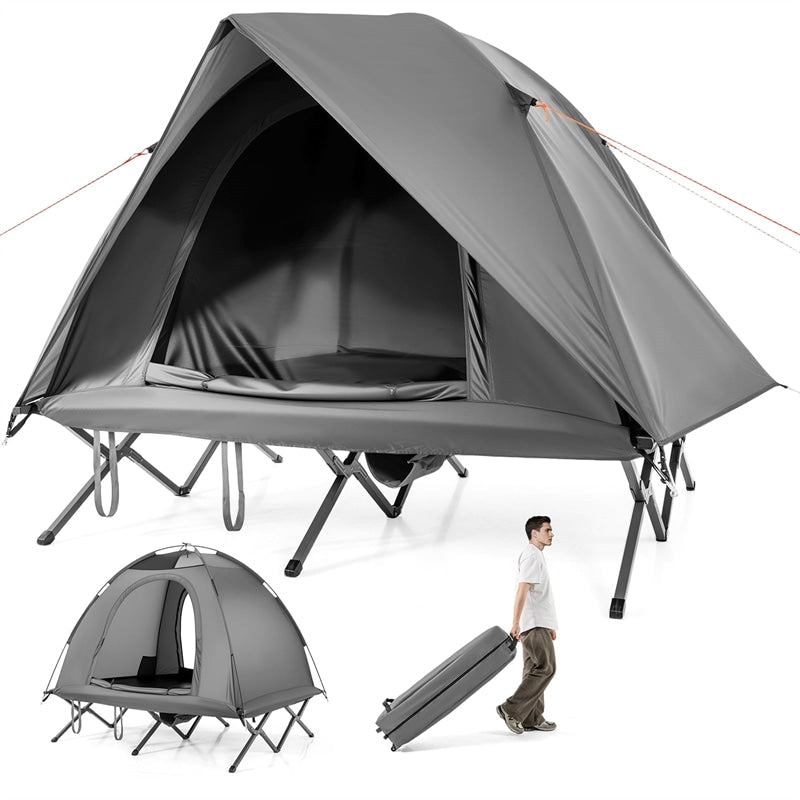 2-Person Camping Cot Tent Combo, Folding Off-Ground Elevated Cot Bed with Pop-up Shelter, Waterproof Rainfly & Wheeled Bag for Outdoor Hiking