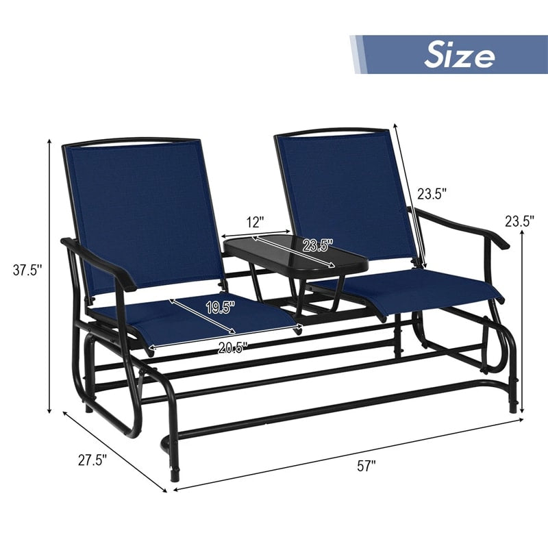 2-Person Outdoor Glider Bench with Center Table, Mesh Fabric Patio Double Rocking Loveseat Chair for Backyard, Poolside