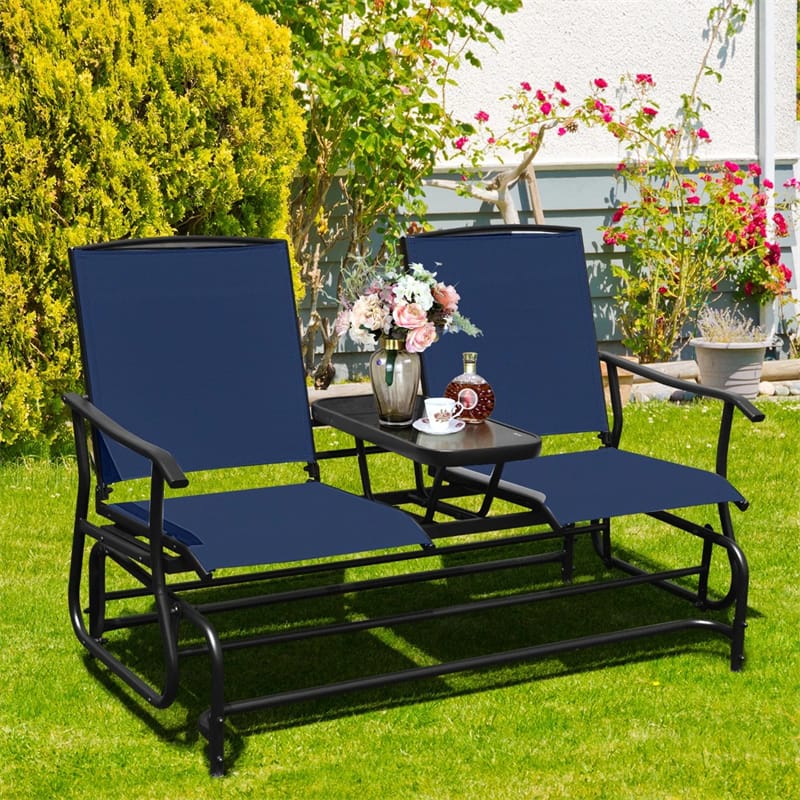 2-Person Outdoor Glider Bench with Center Table, Mesh Fabric Patio Double Rocking Loveseat Chair for Backyard, Poolside