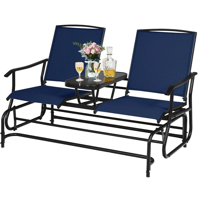 2-Person Outdoor Glider Bench with Center Table, Mesh Fabric Patio Double Rocking Loveseat Chair for Backyard, Poolside