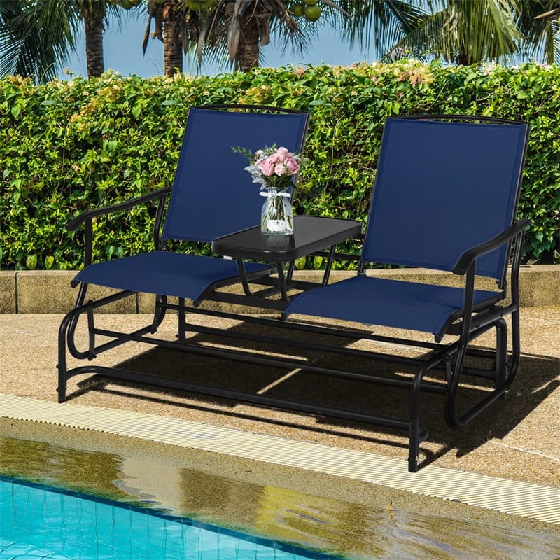 2-Person Outdoor Glider Bench with Center Table, Mesh Fabric Patio Double Rocking Loveseat Chair for Backyard, Poolside