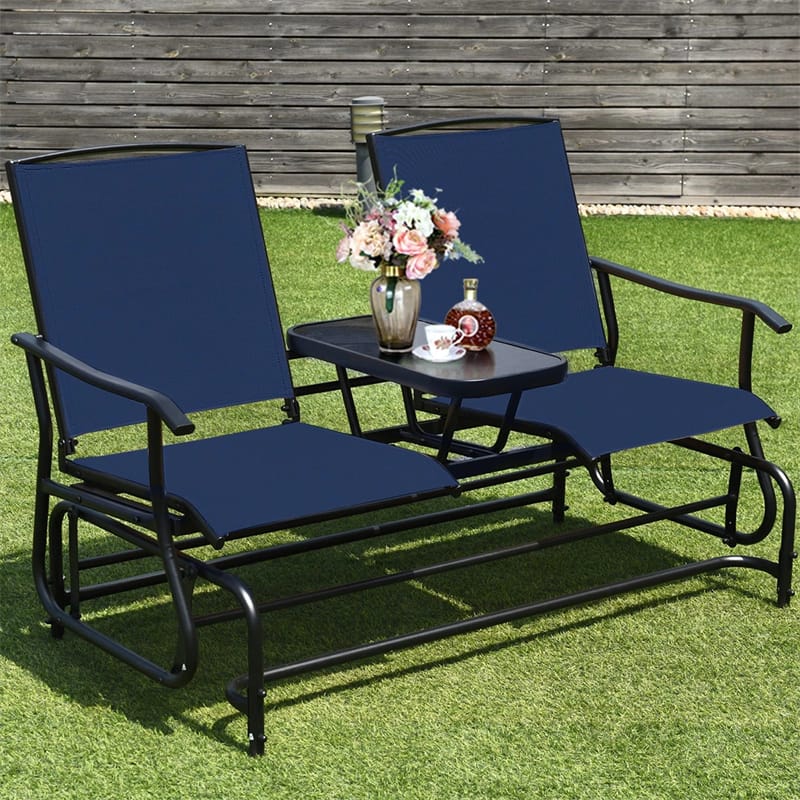 2-Person Outdoor Glider Bench with Center Table, Mesh Fabric Patio Double Rocking Loveseat Chair for Backyard, Poolside