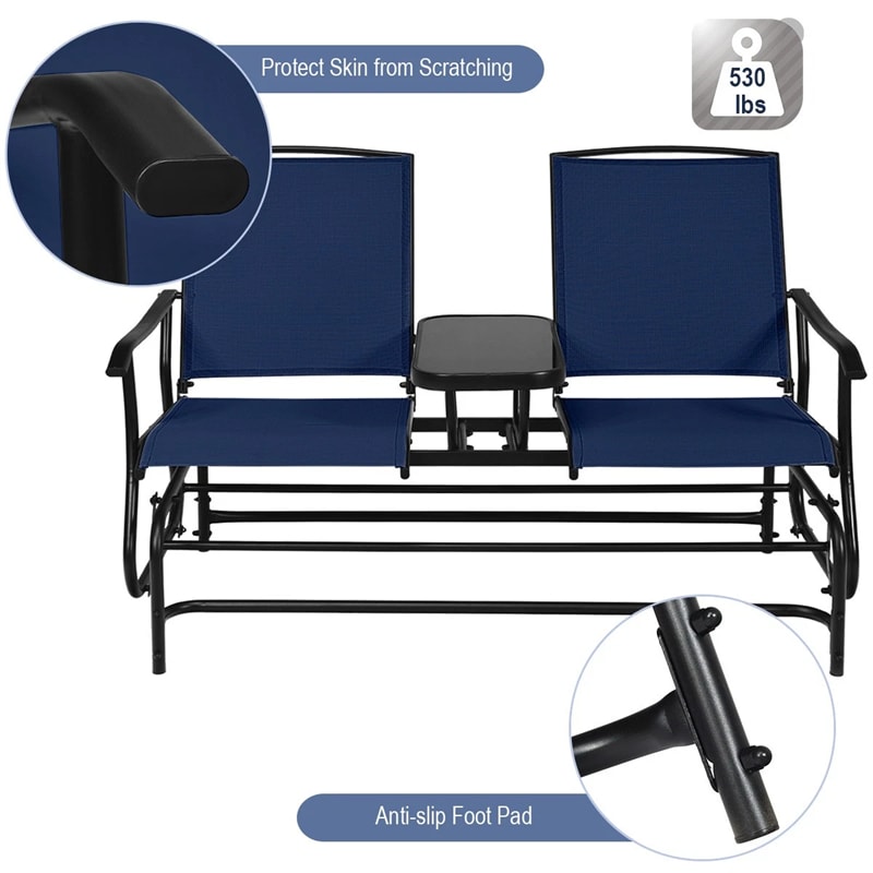 2-Person Outdoor Glider Bench with Center Table, Mesh Fabric Patio Double Rocking Loveseat Chair for Backyard, Poolside