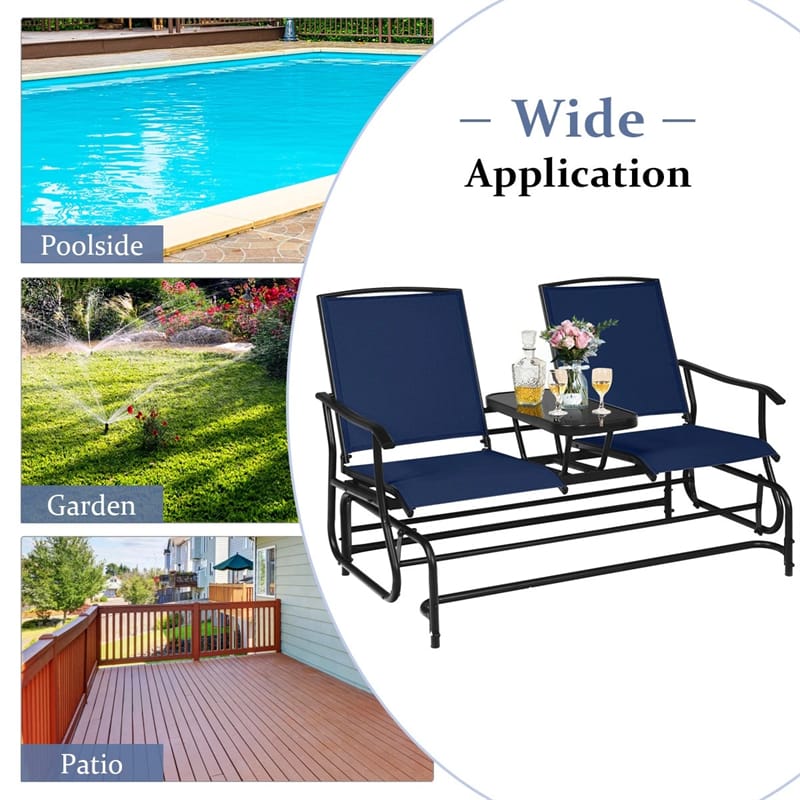 2-Person Outdoor Glider Bench with Center Table, Mesh Fabric Patio Double Rocking Loveseat Chair for Backyard, Poolside