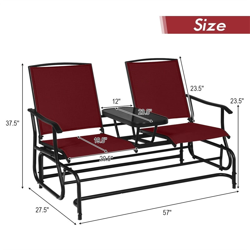 2-Person Outdoor Glider Bench with Center Table, Mesh Fabric Patio Double Rocking Loveseat Chair for Backyard, Poolside