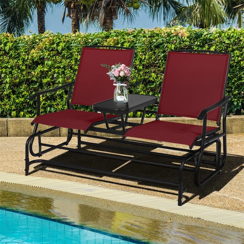 2-Person Outdoor Glider Bench with Center Table, Mesh Fabric Patio Double Rocking Loveseat Chair for Backyard, Poolside