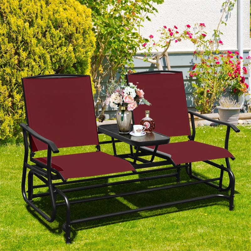 2-Person Outdoor Glider Bench with Center Table, Mesh Fabric Patio Double Rocking Loveseat Chair for Backyard, Poolside