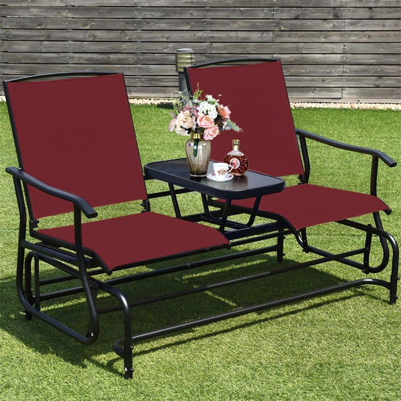2-Person Outdoor Glider Bench with Center Table, Mesh Fabric Patio Double Rocking Loveseat Chair for Backyard, Poolside