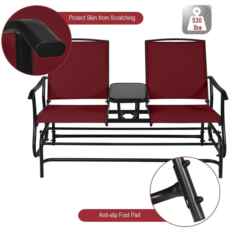 2-Person Outdoor Glider Bench with Center Table, Mesh Fabric Patio Double Rocking Loveseat Chair for Backyard, Poolside