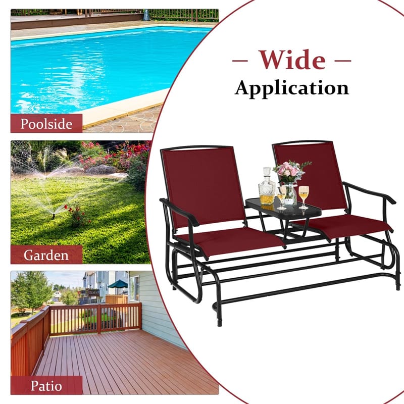 2-Person Outdoor Glider Bench with Center Table, Mesh Fabric Patio Double Rocking Loveseat Chair for Backyard, Poolside