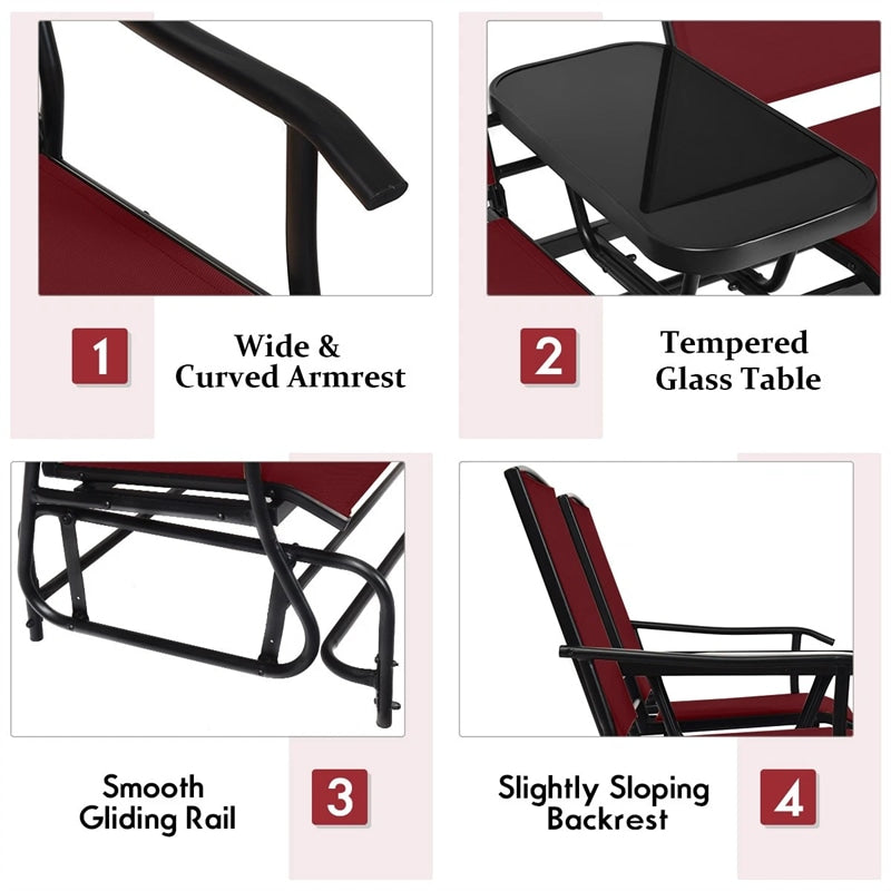 2-Person Outdoor Glider Bench with Center Table, Mesh Fabric Patio Double Rocking Loveseat Chair for Backyard, Poolside