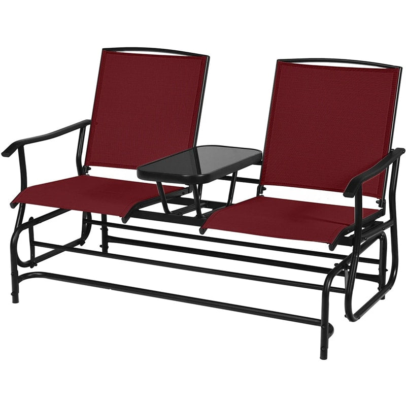 2-Person Outdoor Glider Bench with Center Table, Mesh Fabric Patio Double Rocking Loveseat Chair for Backyard, Poolside