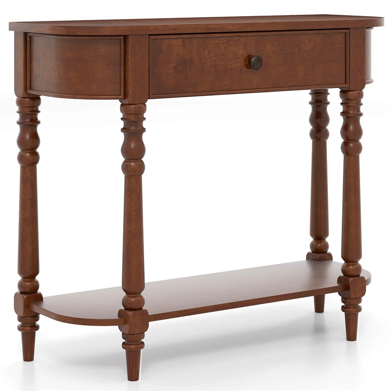 36" 2-Tier Retro Console Table with Storage Drawer & Open Shelf, Solid Wood Narrow Entryway Sofa Table for Living Room, Foyer & Hallway