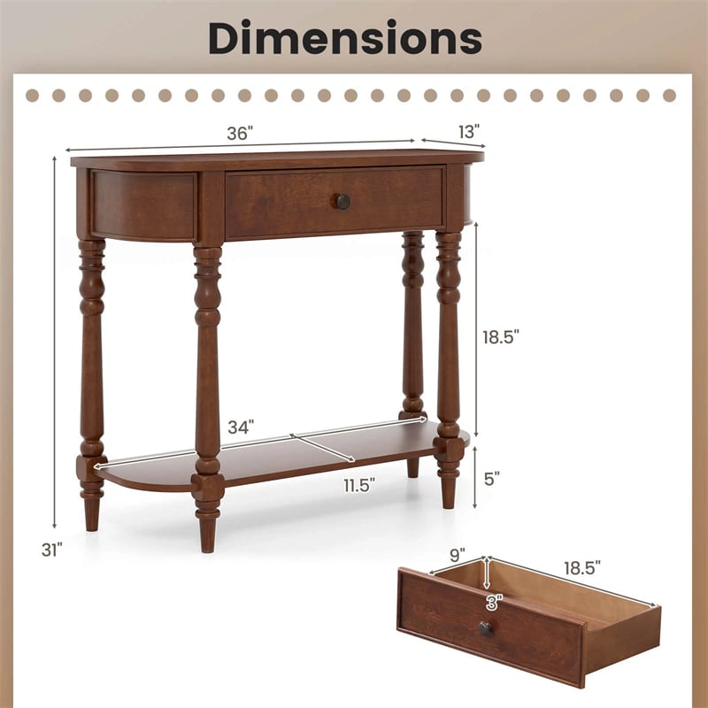 36" 2-Tier Retro Console Table with Storage Drawer & Open Shelf, Solid Wood Narrow Entryway Sofa Table for Living Room, Foyer & Hallway