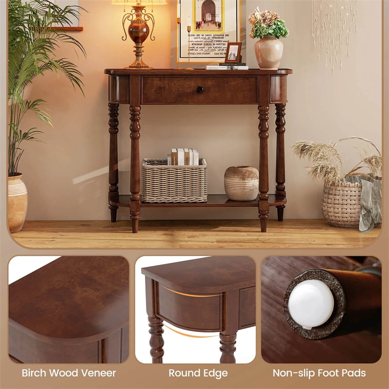 36" 2-Tier Retro Console Table with Storage Drawer & Open Shelf, Solid Wood Narrow Entryway Sofa Table for Living Room, Foyer & Hallway