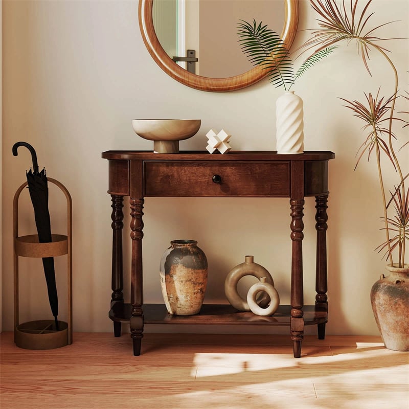 36" 2-Tier Retro Console Table with Storage Drawer & Open Shelf, Solid Wood Narrow Entryway Sofa Table for Living Room, Foyer & Hallway
