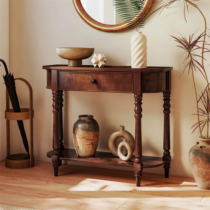36" 2-Tier Retro Console Table with Storage Drawer & Open Shelf, Solid Wood Narrow Entryway Sofa Table for Living Room, Foyer & Hallway