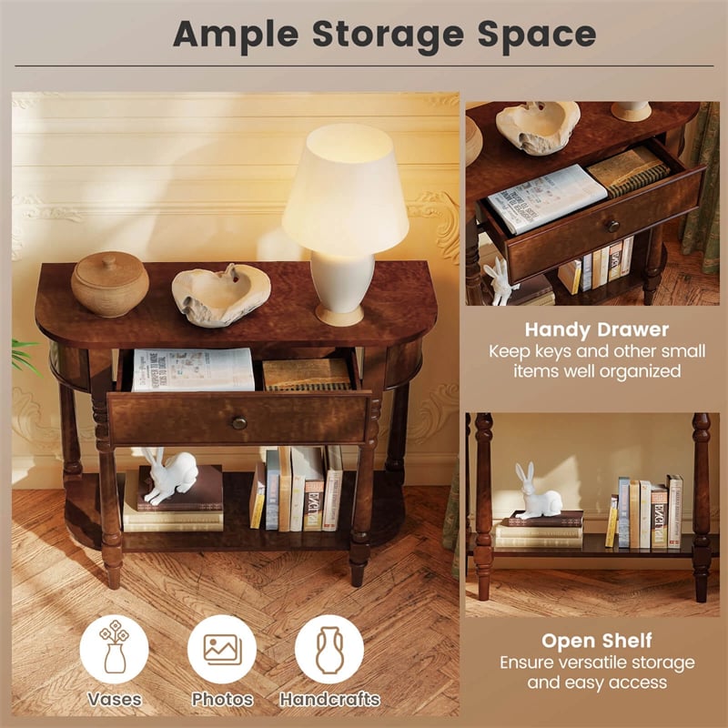 36" 2-Tier Retro Console Table with Storage Drawer & Open Shelf, Solid Wood Narrow Entryway Sofa Table for Living Room, Foyer & Hallway