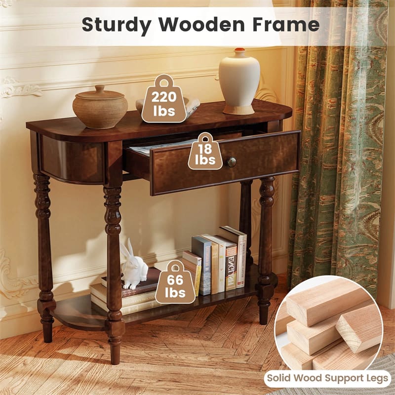 36" 2-Tier Retro Console Table with Storage Drawer & Open Shelf, Solid Wood Narrow Entryway Sofa Table for Living Room, Foyer & Hallway