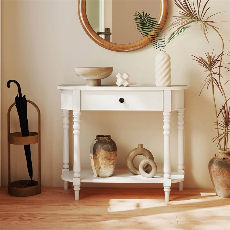 36" 2-Tier Retro Console Table with Storage Drawer & Open Shelf, Solid Wood Narrow Entryway Sofa Table for Living Room, Foyer & Hallway